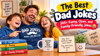 The best dad jokes with a laughing dad and kids enjoying clean family-friendly humor