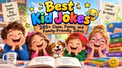 Best kid jokes with four laughing children and colorful family-friendly joke speech bubbles