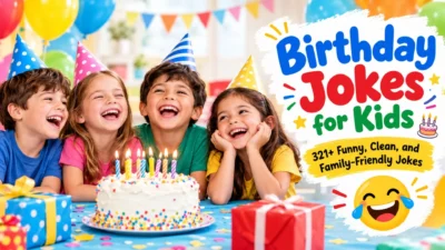 Birthday jokes for kids with laughing children, colorful cake, balloons, and fun party decorations