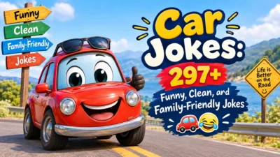 Funny car jokes with a smiling cartoon car on a scenic road, perfect for clean family-friendly humor