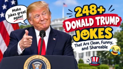 Donald Trump jokes thumbnail with White House, American flag, and funny patriotic comedy graphics