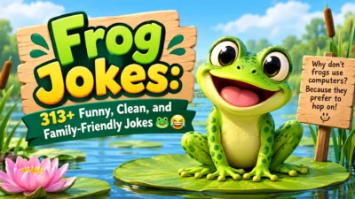 Funny green frog on a lily pad with Frog Jokes 313+ clean family-friendly jokes sign