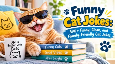 Funny cat jokes featuring a smiling orange tabby in sunglasses with a playful family-friendly theme.