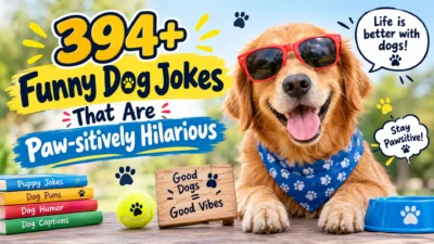 394+ funny dog jokes with a happy golden retriever wearing sunglasses and a paw-print bandana