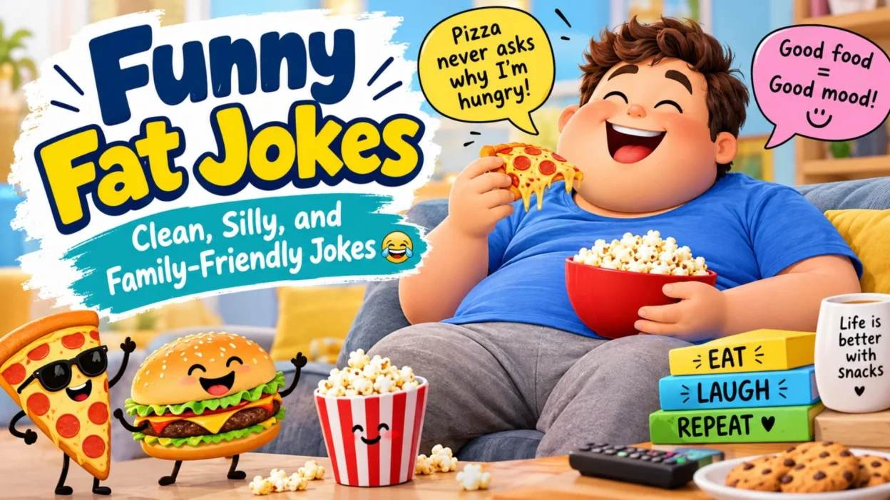 Funny fat jokes with a cheerful cartoon man enjoying pizza, popcorn, and clean family-friendly humor.