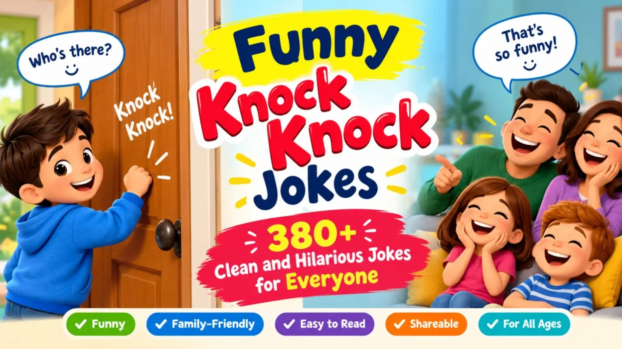 Funny knock knock jokes with a child at a door and laughing family enjoying clean humor