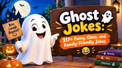 Funny ghost jokes with a cheerful cartoon ghost, pumpkins, and a spooky Halloween background