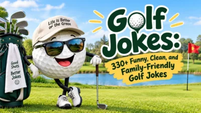 Golf jokes featuring a funny golf ball character on a sunny course with 330+ clean family-friendly jokes