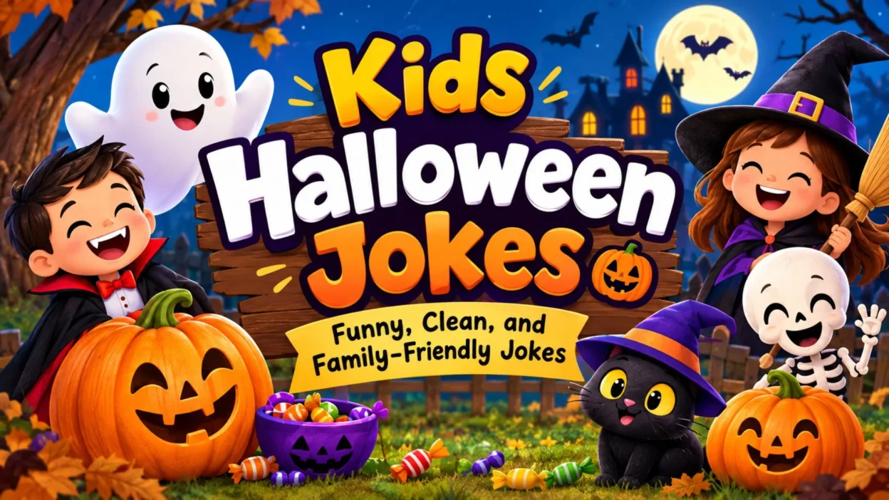Kids Halloween jokes with cute cartoon children, ghosts, witch, skeleton, pumpkins, candy, and spooky house