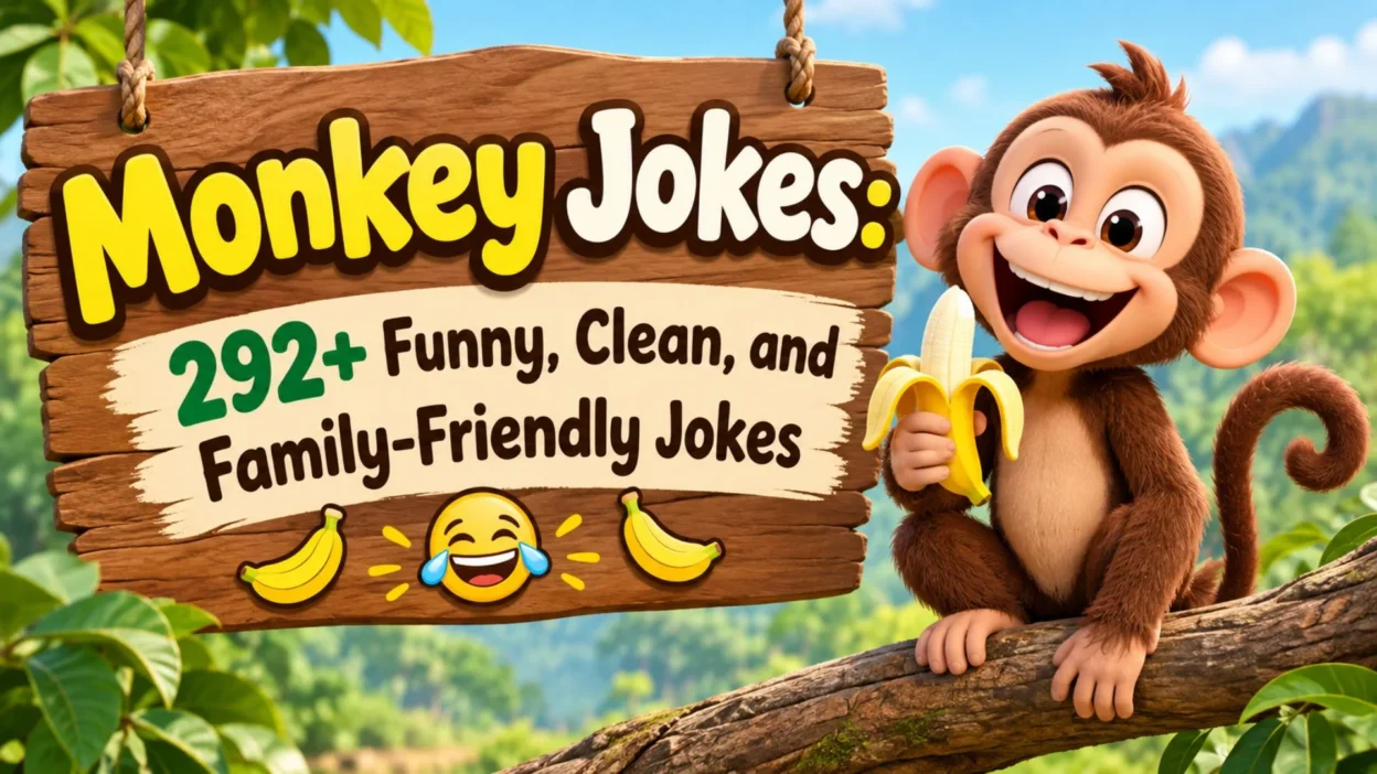 Monkey jokes 292+ funny, clean, and family-friendly jokes with a cheerful monkey holding a banana