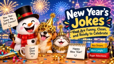 New Year's jokes with a cheerful snowman, dog, cat, fireworks, and festive celebration