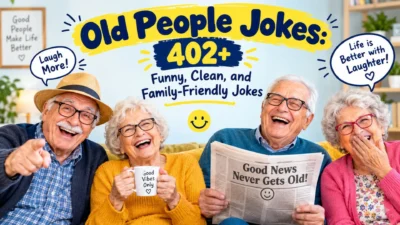 Old people jokes with four laughing seniors enjoying funny, clean, and family-friendly humor