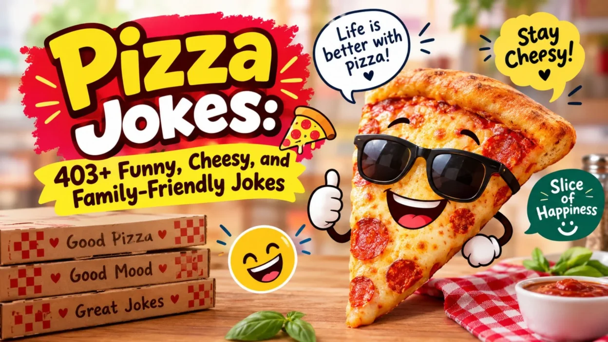 403+ pizza jokes with a funny cheesy pizza slice, family-friendly humor, and playful food-themed design