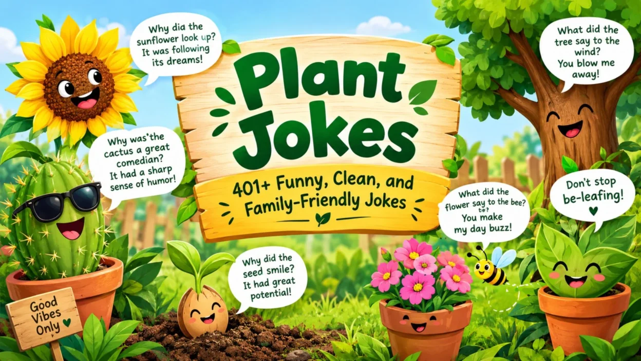 Plant jokes with cheerful cartoon plants, flowers, cactus, tree, and clean family-friendly humor