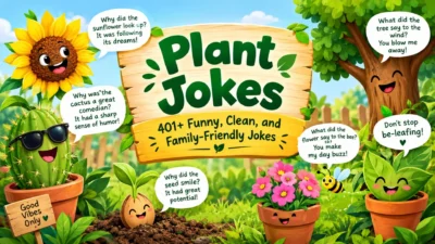 Plant jokes with cheerful cartoon plants, flowers, cactus, tree, and clean family-friendly humor