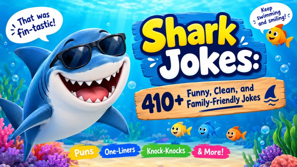 Funny shark jokes with a smiling shark, ocean friends, and 410+ clean family-friendly jokes