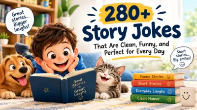 280+ story jokes with a child, dog, and cat enjoying clean and funny everyday humor