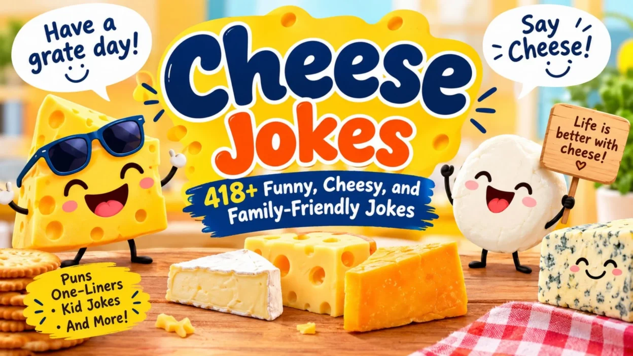 418+ funny cheese jokes with cheerful cartoon cheese characters and family-friendly humor