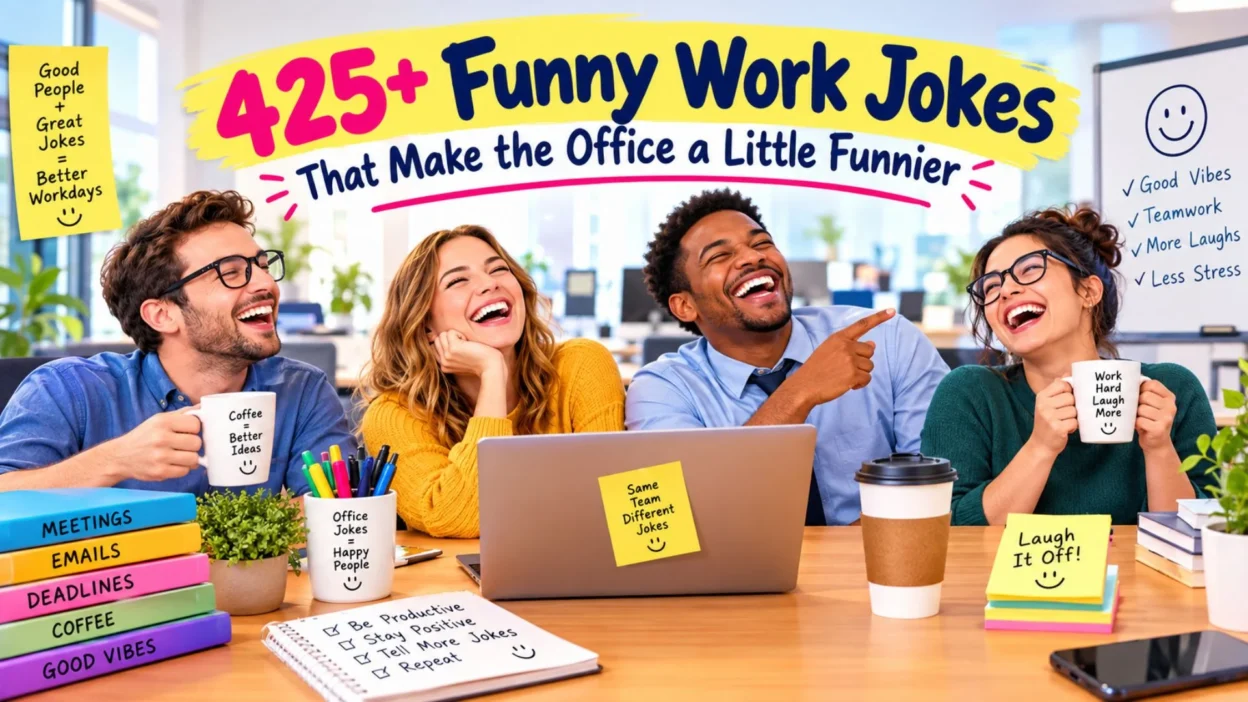 425+ funny work jokes with laughing coworkers, coffee, laptops, and cheerful office humor