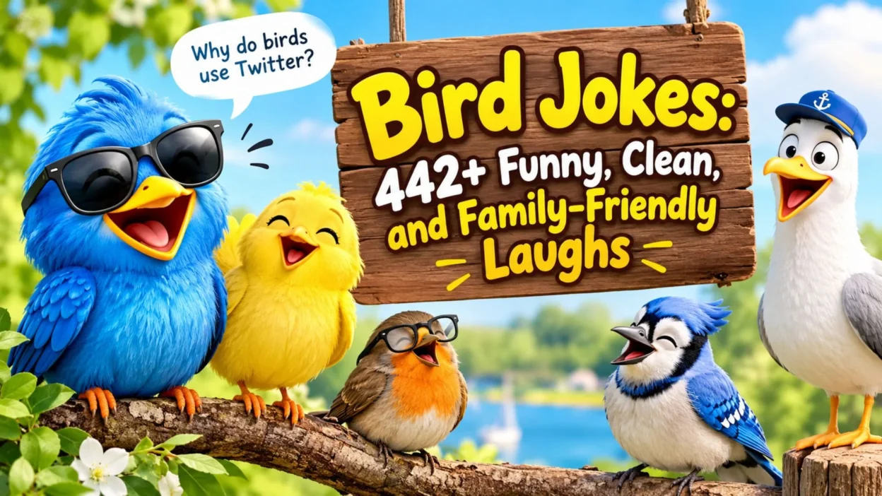 Funny bird jokes with cheerful cartoon birds and a family-friendly joke sign