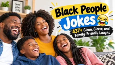 Black people laughing together with a fun graphic for clean, family-friendly jokes