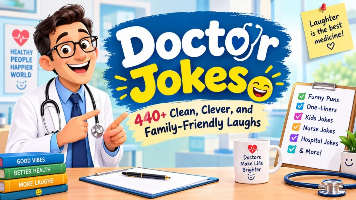 Doctor jokes banner with cheerful cartoon doctor, stethoscope, and 440+ clean family-friendly laughs
