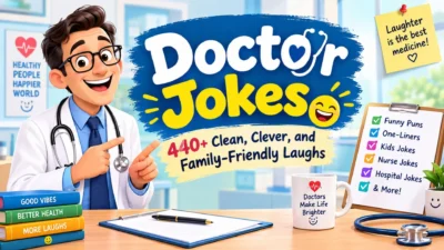 Doctor jokes banner with cheerful cartoon doctor, stethoscope, and 440+ clean family-friendly laughs