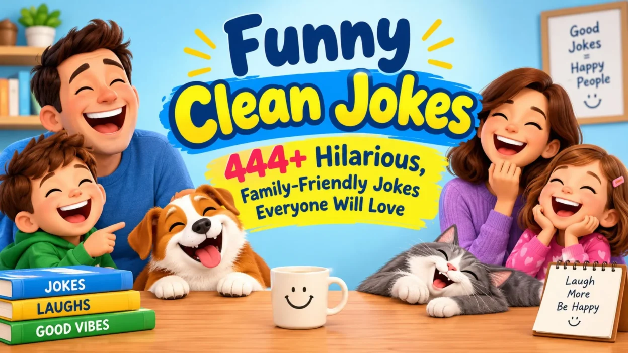 Funny clean jokes with a happy family, laughing children, pets, and colorful family-friendly humor