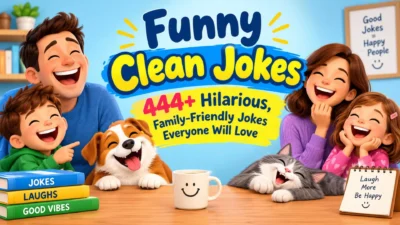 Funny clean jokes with a happy family, laughing children, pets, and colorful family-friendly humor