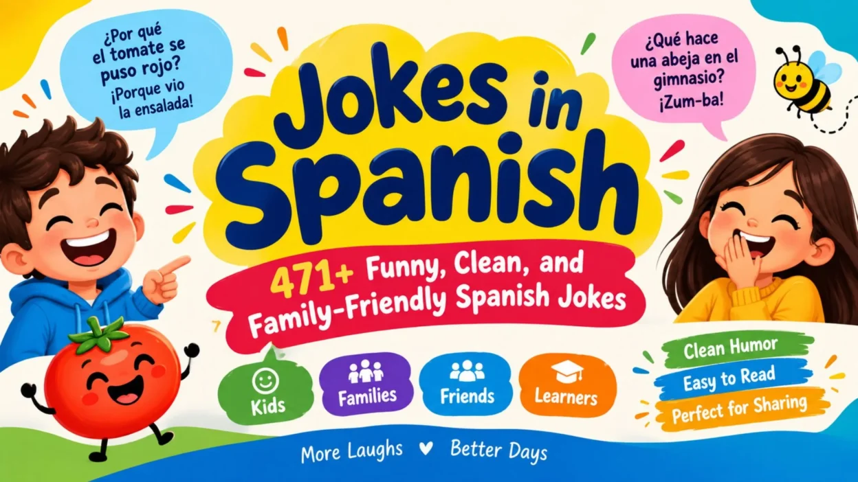 Jokes in Spanish with funny family-friendly cartoon characters and Spanish joke speech bubbles