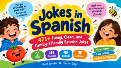 Jokes in Spanish with funny family-friendly cartoon characters and Spanish joke speech bubbles