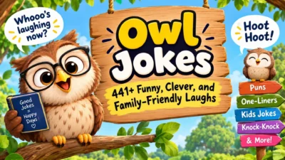 441+ funny owl jokes with a cheerful cartoon owl, colorful signs, and family-friendly humor